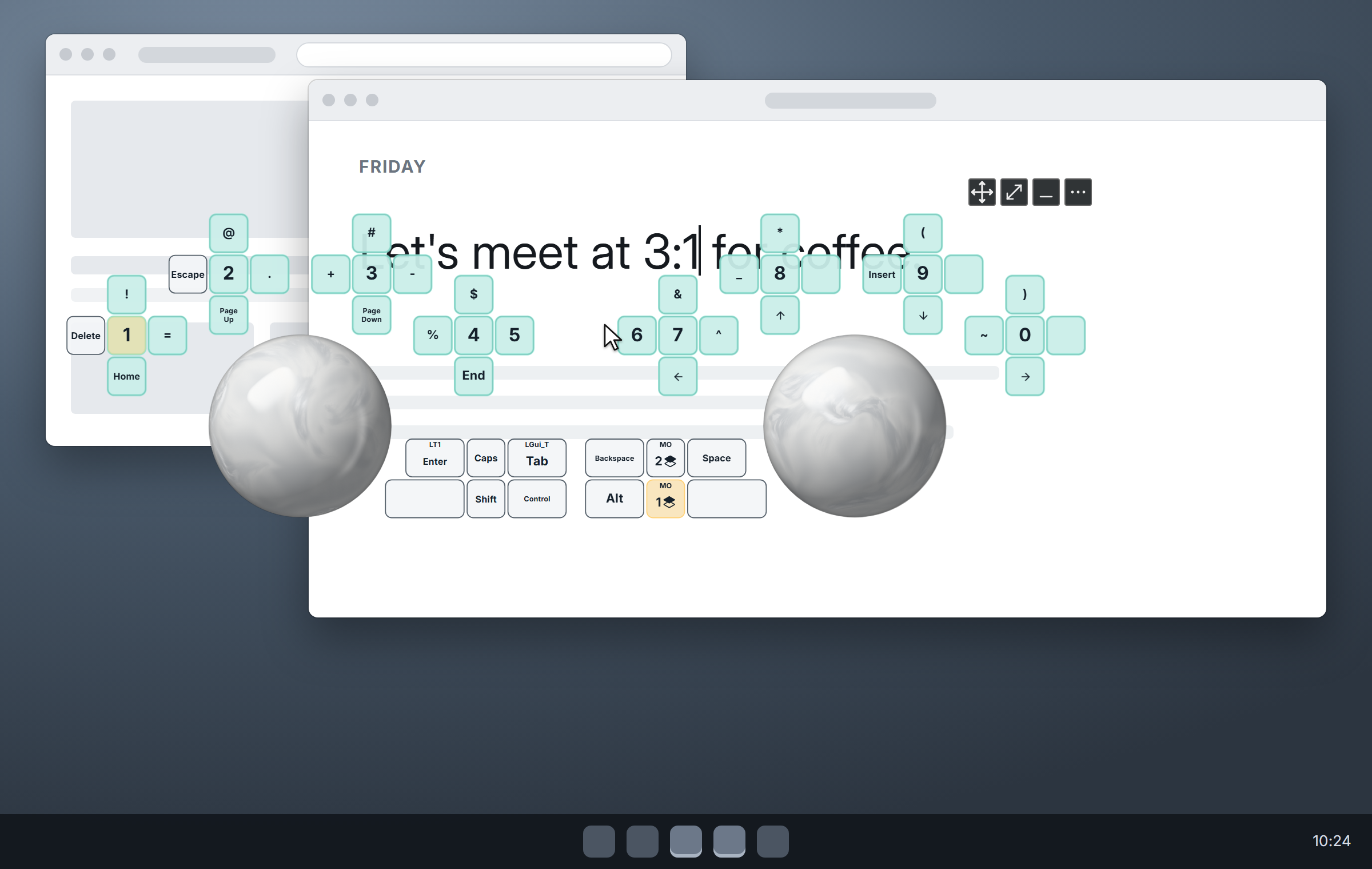 Keybard Overlay on a desktop: both hands of the layout and the trackballs over a text editor, on the NavNAS layer