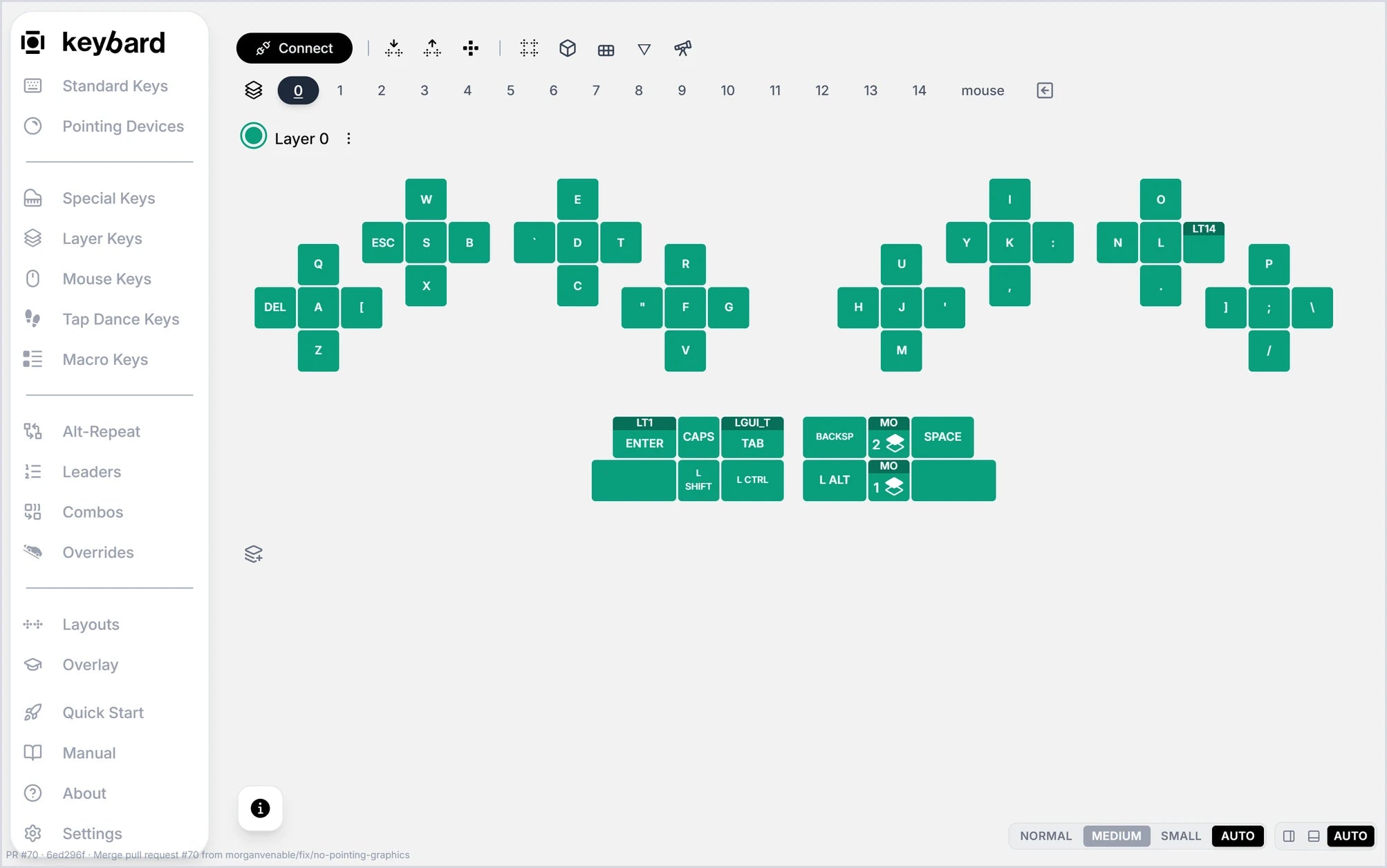 Keybard in the browser with the QWERTY Example loaded: layer 0 of the default Svalboard layout, finger clusters above the thumb clusters
