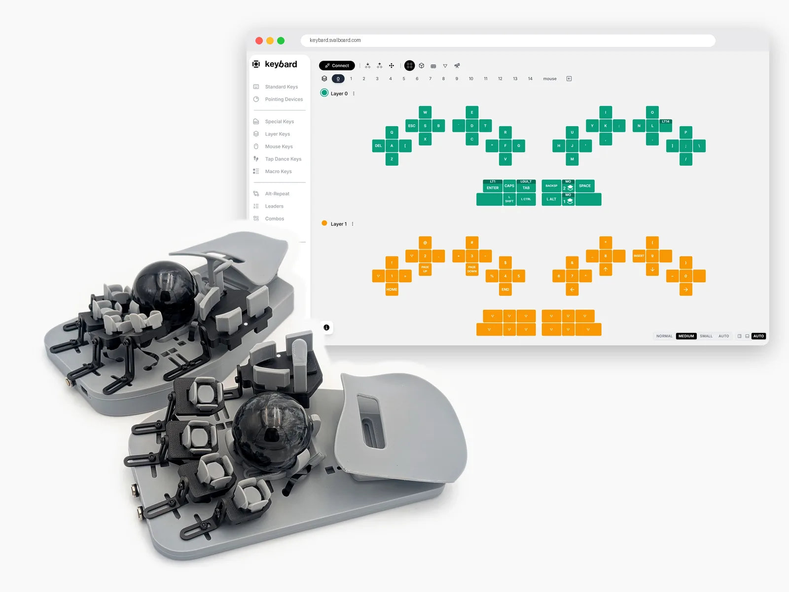A Svalboard Lightly beside a laptop showing its layout in Keybard