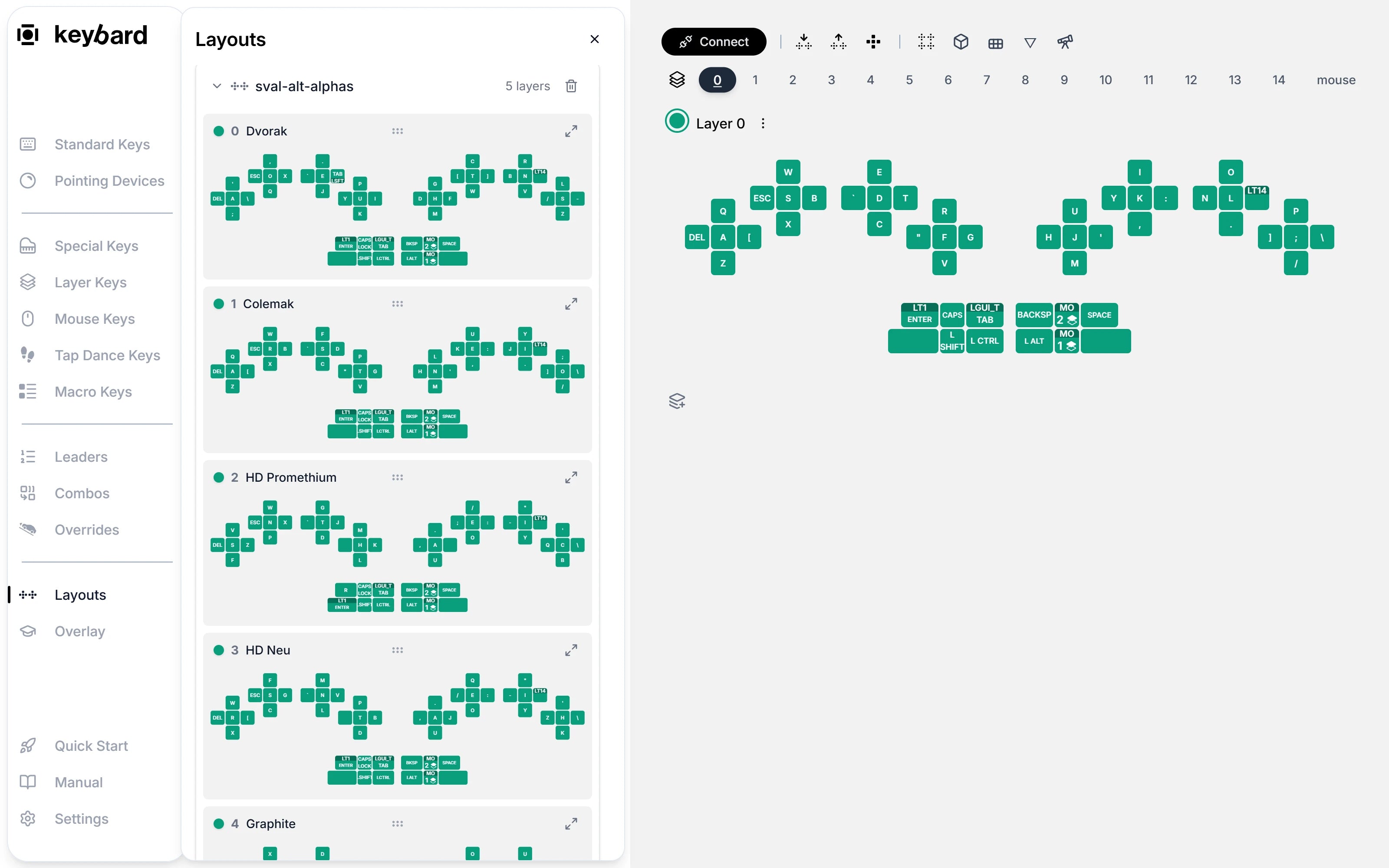 Keybard's layout library with the Dvorak and Colemak layouts ready to drag in, beside the QWERTY layout in the editor